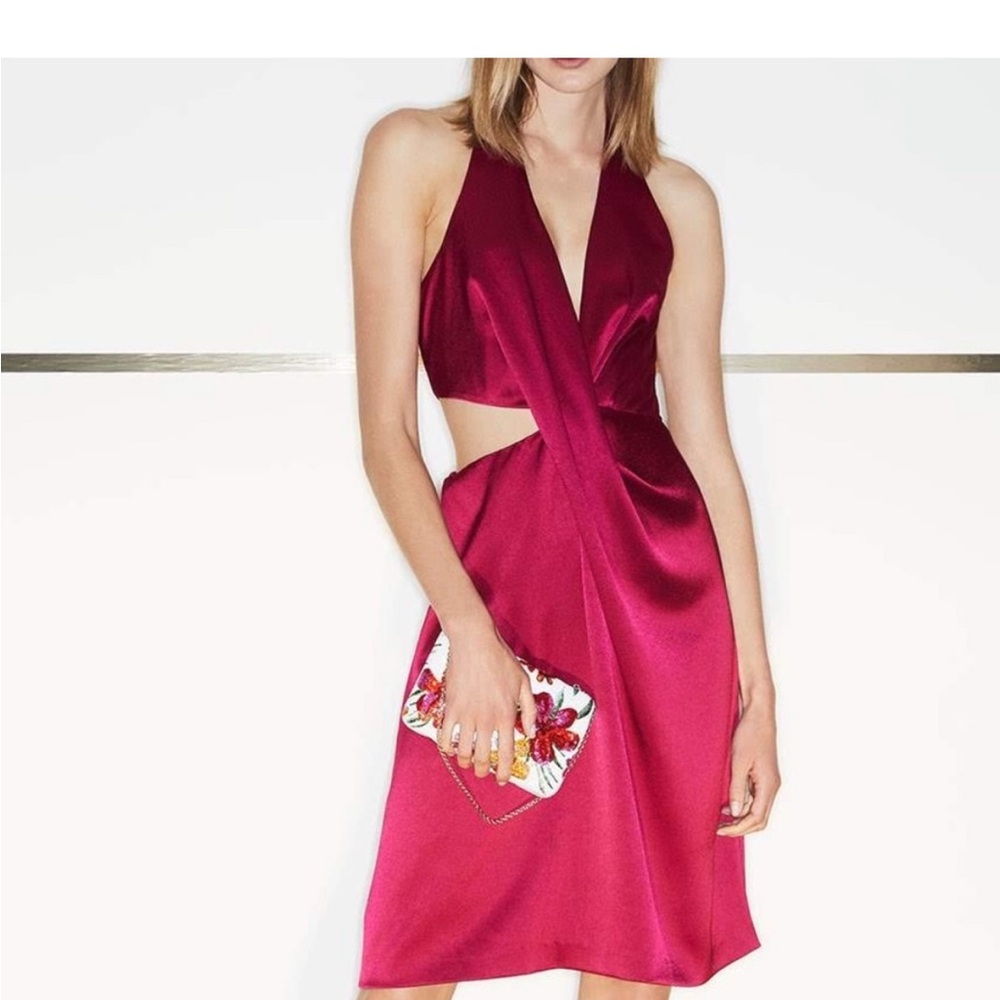 Halston Heritage satin magenta pink V halter side cutout sexy dress 4 w tie back